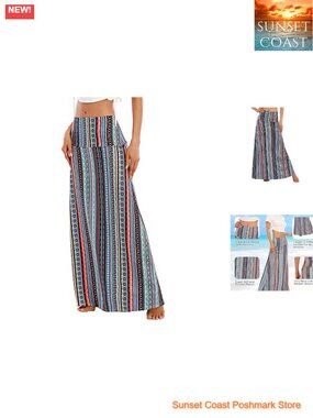 Tummy Control Boho Maxi Skirt Stretchy Flared High Waisted Midi Length